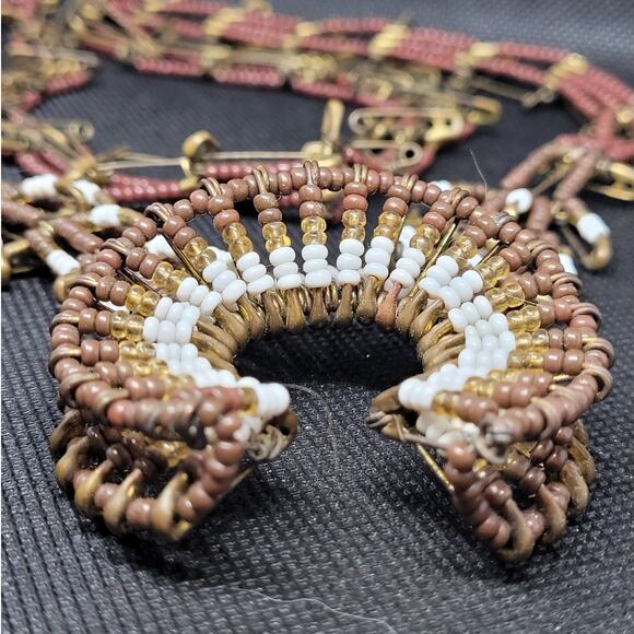 Retro Luxe Brown White Bead Squash Blossom Necklace Boho Statement Style - Picture 4 of 8